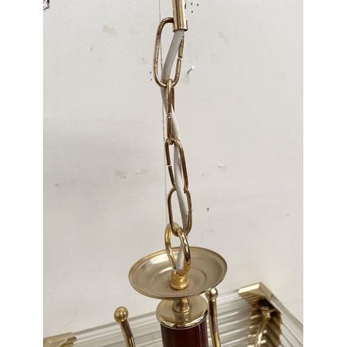 42 - A BEAUTIFUL BRASS AND GLASS CHANDELIER, c.1980, the cylindrical simulated tortoiseshell column with ... 