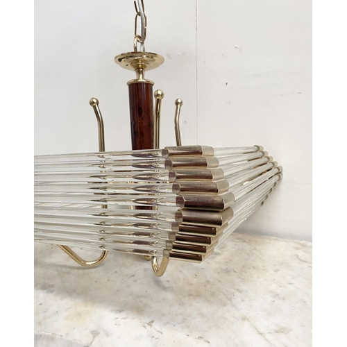 42 - A BEAUTIFUL BRASS AND GLASS CHANDELIER, c.1980, the cylindrical simulated tortoiseshell column with ... 