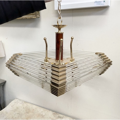 42 - A BEAUTIFUL BRASS AND GLASS CHANDELIER, c.1980, the cylindrical simulated tortoiseshell column with ... 