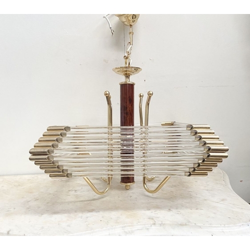 42 - A BEAUTIFUL BRASS AND GLASS CHANDELIER, c.1980, the cylindrical simulated tortoiseshell column with ... 