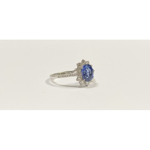 7 - A STRIKING 18CT WHITE GOLD SAPPHIRE & DIAMOND CLUSTER RING, with central vibrant oval cur sapphire i... 