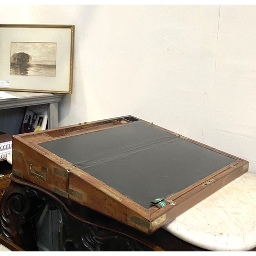 87 - A FINE GEORGE III PERIOD HARDWOOD WRITING SLOPE, with brass fittings and campaign handles to sides, ... 