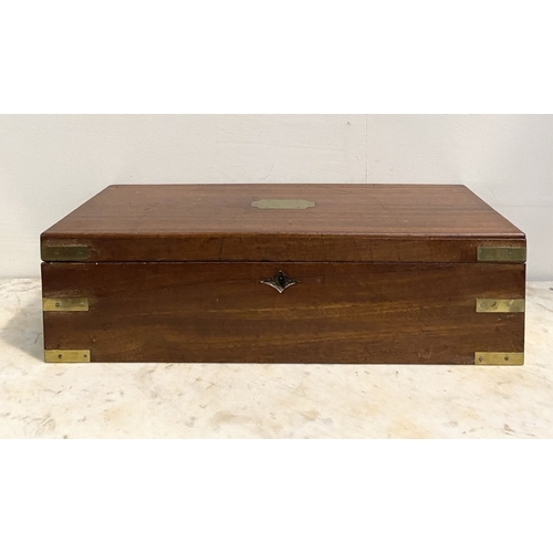 87 - A FINE GEORGE III PERIOD HARDWOOD WRITING SLOPE, with brass fittings and campaign handles to sides, ... 