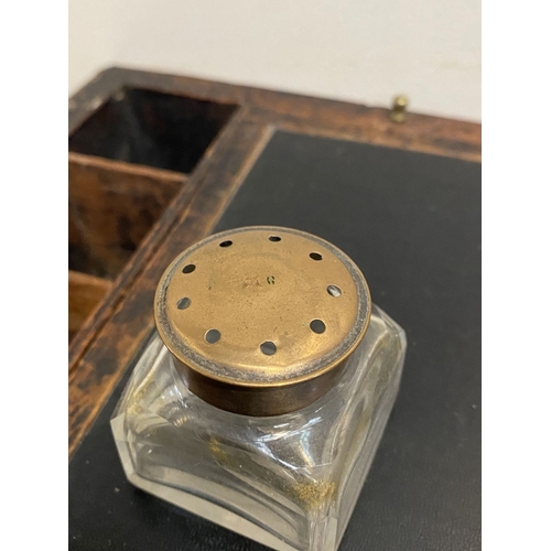 87 - A FINE GEORGE III PERIOD HARDWOOD WRITING SLOPE, with brass fittings and campaign handles to sides, ... 