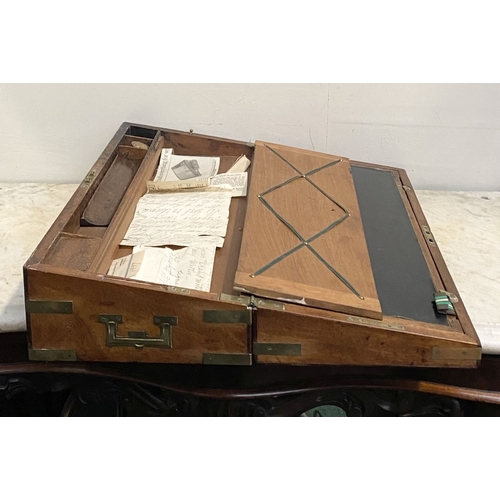 87 - A FINE GEORGE III PERIOD HARDWOOD WRITING SLOPE, with brass fittings and campaign handles to sides, ... 