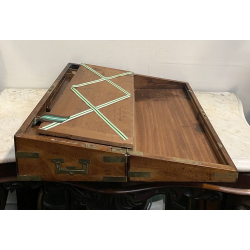 87 - A FINE GEORGE III PERIOD HARDWOOD WRITING SLOPE, with brass fittings and campaign handles to sides, ... 