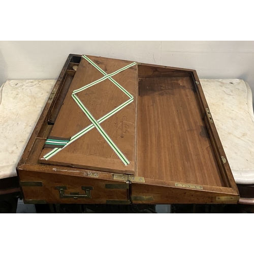 87 - A FINE GEORGE III PERIOD HARDWOOD WRITING SLOPE, with brass fittings and campaign handles to sides, ... 