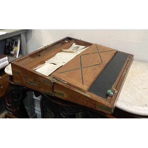 87 - A FINE GEORGE III PERIOD HARDWOOD WRITING SLOPE, with brass fittings and campaign handles to sides, ... 