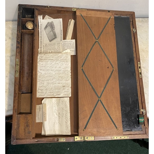 87 - A FINE GEORGE III PERIOD HARDWOOD WRITING SLOPE, with brass fittings and campaign handles to sides, ... 