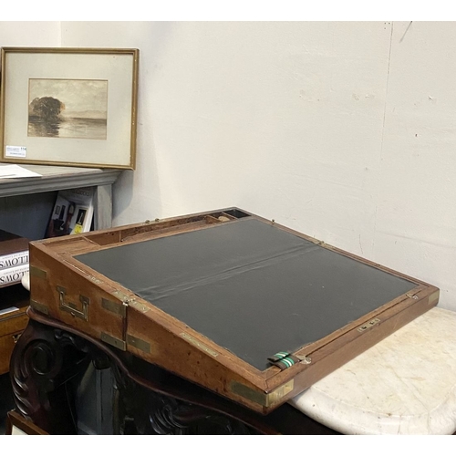 87 - A FINE GEORGE III PERIOD HARDWOOD WRITING SLOPE, with brass fittings and campaign handles to sides, ... 