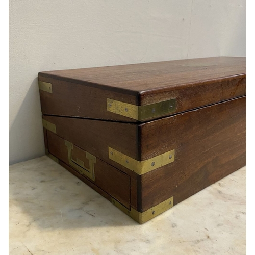 87 - A FINE GEORGE III PERIOD HARDWOOD WRITING SLOPE, with brass fittings and campaign handles to sides, ... 