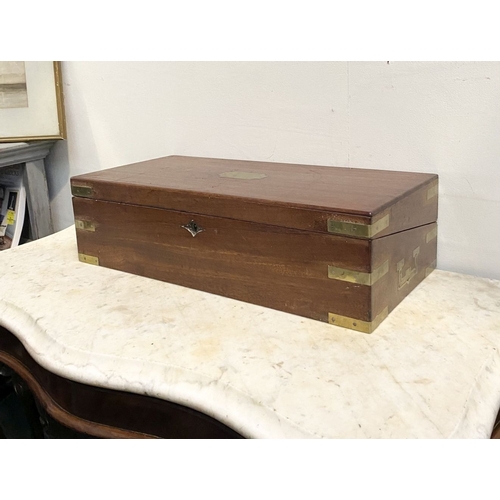 87 - A FINE GEORGE III PERIOD HARDWOOD WRITING SLOPE, with brass fittings and campaign handles to sides, ... 