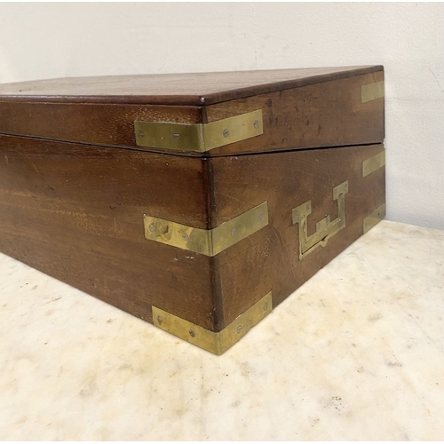 87 - A FINE GEORGE III PERIOD HARDWOOD WRITING SLOPE, with brass fittings and campaign handles to sides, ... 