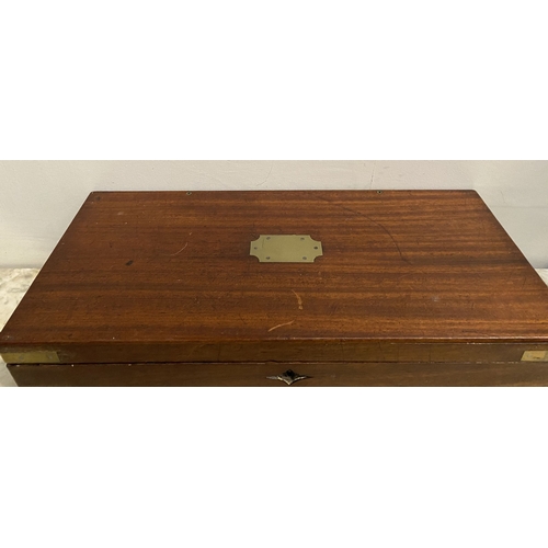 87 - A FINE GEORGE III PERIOD HARDWOOD WRITING SLOPE, with brass fittings and campaign handles to sides, ... 