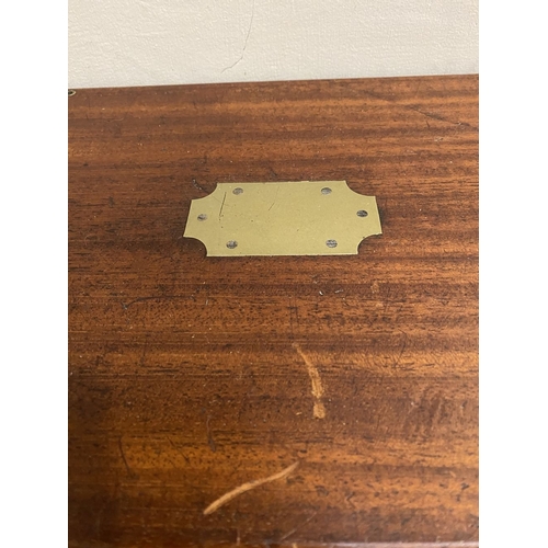 87 - A FINE GEORGE III PERIOD HARDWOOD WRITING SLOPE, with brass fittings and campaign handles to sides, ... 