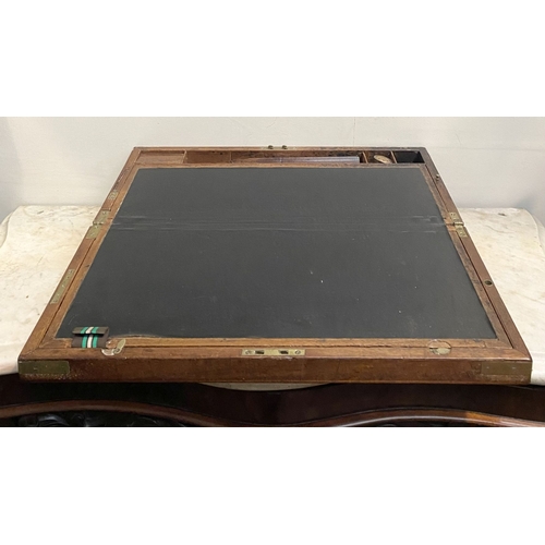 87 - A FINE GEORGE III PERIOD HARDWOOD WRITING SLOPE, with brass fittings and campaign handles to sides, ... 