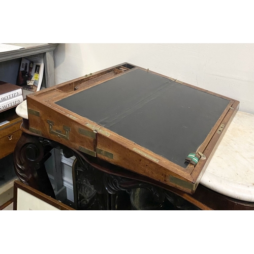 87 - A FINE GEORGE III PERIOD HARDWOOD WRITING SLOPE, with brass fittings and campaign handles to sides, ... 