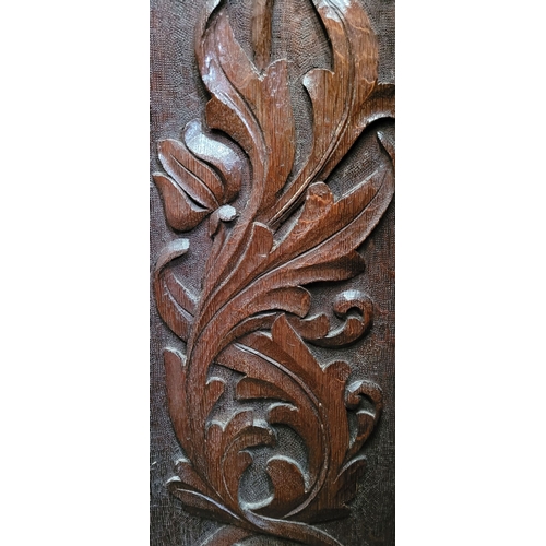 88 - A BEAUTIFUL HAND CARVED FOLDING WOODEN SCREEN, the front of each of the three panels decorated with ... 