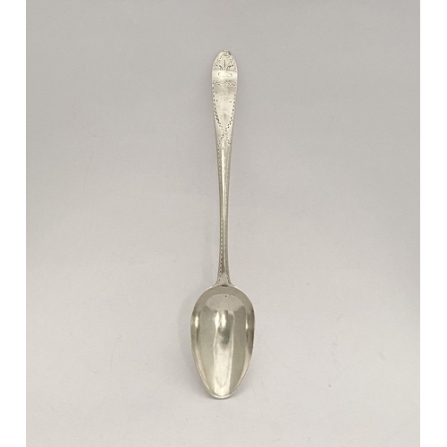 9 - A RARE IRISH – LIMERICK – GEORGE III SILVER SERVING SPOON, by Maurice Fitzgerald c.1785. The handle ... 