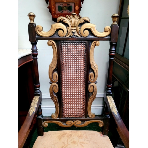 93 - A JACOBEAN REVIVAL STYLE CANE BACKED CARVED ARM CHAIR, the crest rail with beautiful carved Prince o... 