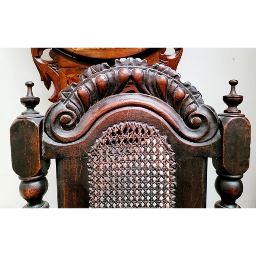 98 - A TALL BACKED SINGLE WILLIAM & MARY OAK HALL CHAIR, with a carved domed crest rail with woven cane b... 
