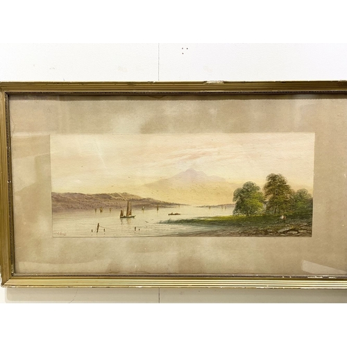 106 - E. LEWIS (British, 19th Century), watercolour on paper depicting coastal scene with boats, mountains... 