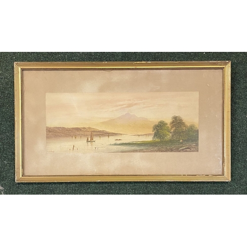 106 - E. LEWIS (British, 19th Century), watercolour on paper depicting coastal scene with boats, mountains... 