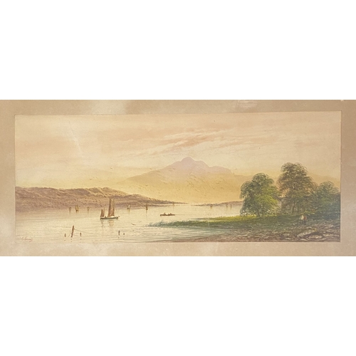 106 - E. LEWIS (British, 19th Century), watercolour on paper depicting coastal scene with boats, mountains... 