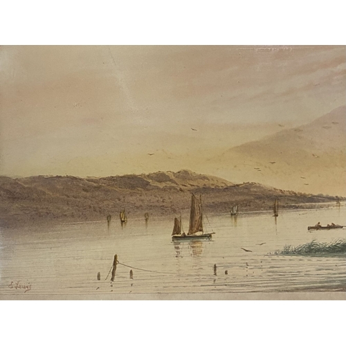 106 - E. LEWIS (British, 19th Century), watercolour on paper depicting coastal scene with boats, mountains... 