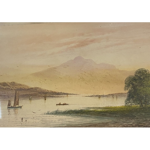 106 - E. LEWIS (British, 19th Century), watercolour on paper depicting coastal scene with boats, mountains... 