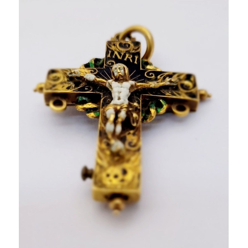 112 - AN ANTIQUE GOLD COLOURED ENAMELLED RELIQUARY PENDANT CROSS, bright gold coloured piece; no hallmarks... 