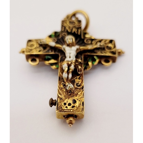 112 - AN ANTIQUE GOLD COLOURED ENAMELLED RELIQUARY PENDANT CROSS, bright gold coloured piece; no hallmarks... 