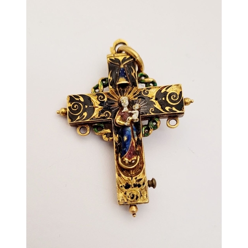 112 - AN ANTIQUE GOLD COLOURED ENAMELLED RELIQUARY PENDANT CROSS, bright gold coloured piece; no hallmarks... 