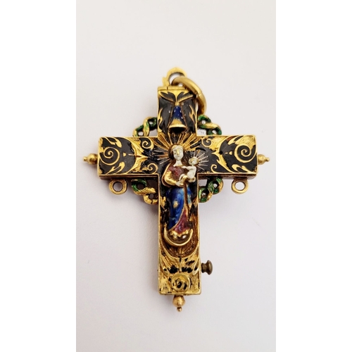 112 - AN ANTIQUE GOLD COLOURED ENAMELLED RELIQUARY PENDANT CROSS, bright gold coloured piece; no hallmarks... 