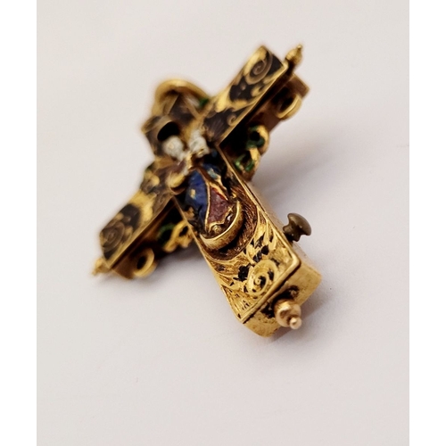 112 - AN ANTIQUE GOLD COLOURED ENAMELLED RELIQUARY PENDANT CROSS, bright gold coloured piece; no hallmarks... 