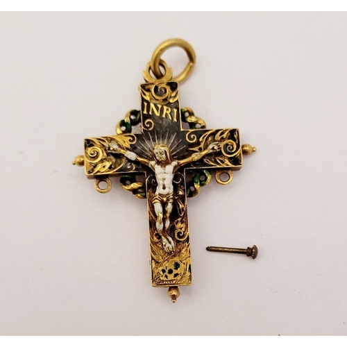 112 - AN ANTIQUE GOLD COLOURED ENAMELLED RELIQUARY PENDANT CROSS, bright gold coloured piece; no hallmarks... 