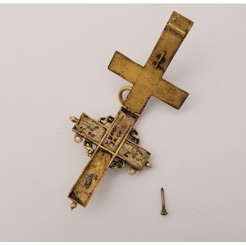 112 - AN ANTIQUE GOLD COLOURED ENAMELLED RELIQUARY PENDANT CROSS, bright gold coloured piece; no hallmarks... 