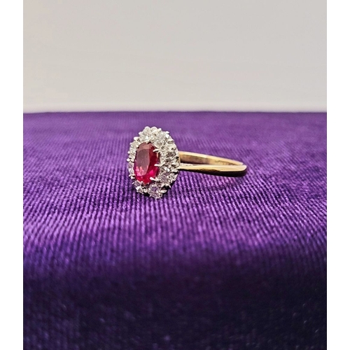 13 - A GORGEOUS 18CT YELLOW GOLD & PLATINUM DIAMOND & RUBY CLUSTER RING, an oval cut ruby is set to the c... 