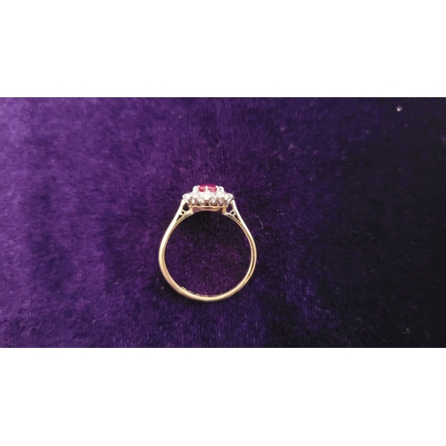 13 - A GORGEOUS 18CT YELLOW GOLD & PLATINUM DIAMOND & RUBY CLUSTER RING, an oval cut ruby is set to the c... 