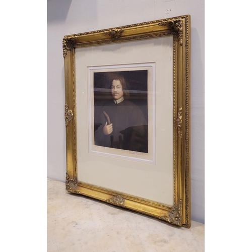 144 - A FRAMED EDWARDIAN COLOURED PRINT: AFTER THOMAS SADLER, (1684) PORTRAIT OF JOHN BUNYAN, ARTIST'S PRO... 