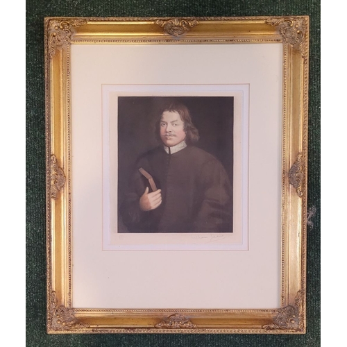 144 - A FRAMED EDWARDIAN COLOURED PRINT: AFTER THOMAS SADLER, (1684) PORTRAIT OF JOHN BUNYAN, ARTIST'S PRO... 