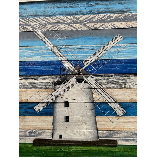 145 - KEN PARKER (Irish, 20th Century), ‘BALLYCOPELAND WINDMILL CO. DOWN’, acrylic on wooden panels, signe... 