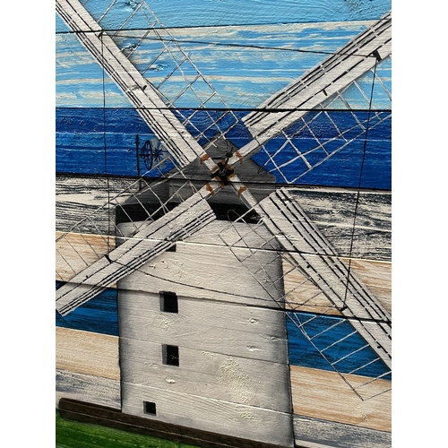 145 - KEN PARKER (Irish, 20th Century), ‘BALLYCOPELAND WINDMILL CO. DOWN’, acrylic on wooden panels, signe... 