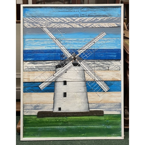 145 - KEN PARKER (Irish, 20th Century), ‘BALLYCOPELAND WINDMILL CO. DOWN’, acrylic on wooden panels, signe... 