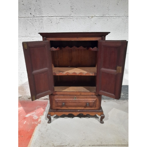 153 - A FINE MAHOGANY TWO DOOR CABINET, with raised cornice above two panelled doors over one drawer, rais... 