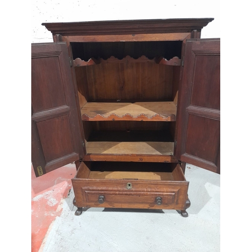 153 - A FINE MAHOGANY TWO DOOR CABINET, with raised cornice above two panelled doors over one drawer, rais... 