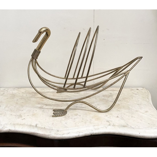 160 - A LARGE BRASS MAISON JENSEN STYLE SWAN SHAPED MAGAZINE RACK, dimensions: 40cm high x 64cm wide appro... 