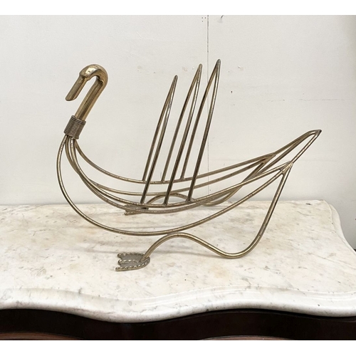 160 - A LARGE BRASS MAISON JENSEN STYLE SWAN SHAPED MAGAZINE RACK, dimensions: 40cm high x 64cm wide appro... 