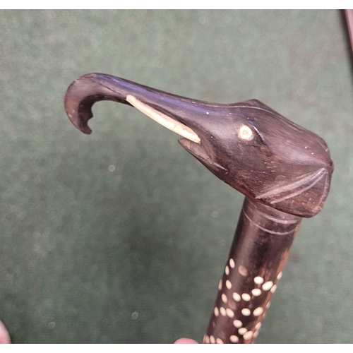 192 - AN 19TH CENTURY INDIAN CARVED BONE & EBONY WALKING STICK, The handle in the form of an elephant head... 