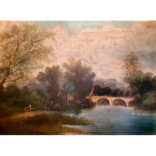 197 - AN EARLY 20TH CENTURY OIL ON CARD: BRIDGE WITH TREES, indistinctly signed lower right. Good quality ... 